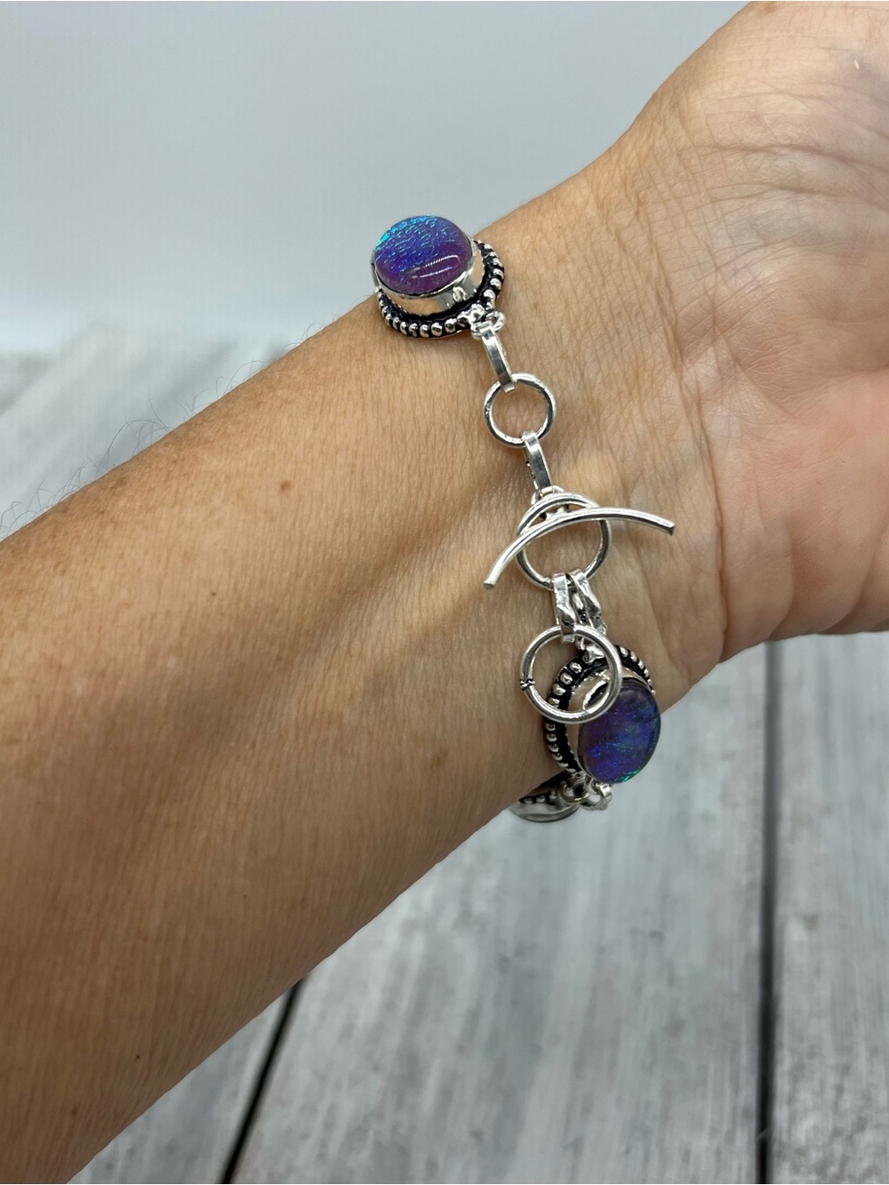 349. Triplet Opal Sterling Silver Iridescent Blue-Green Opal Bracelet - 7.25-8” - Picture 9 of 10